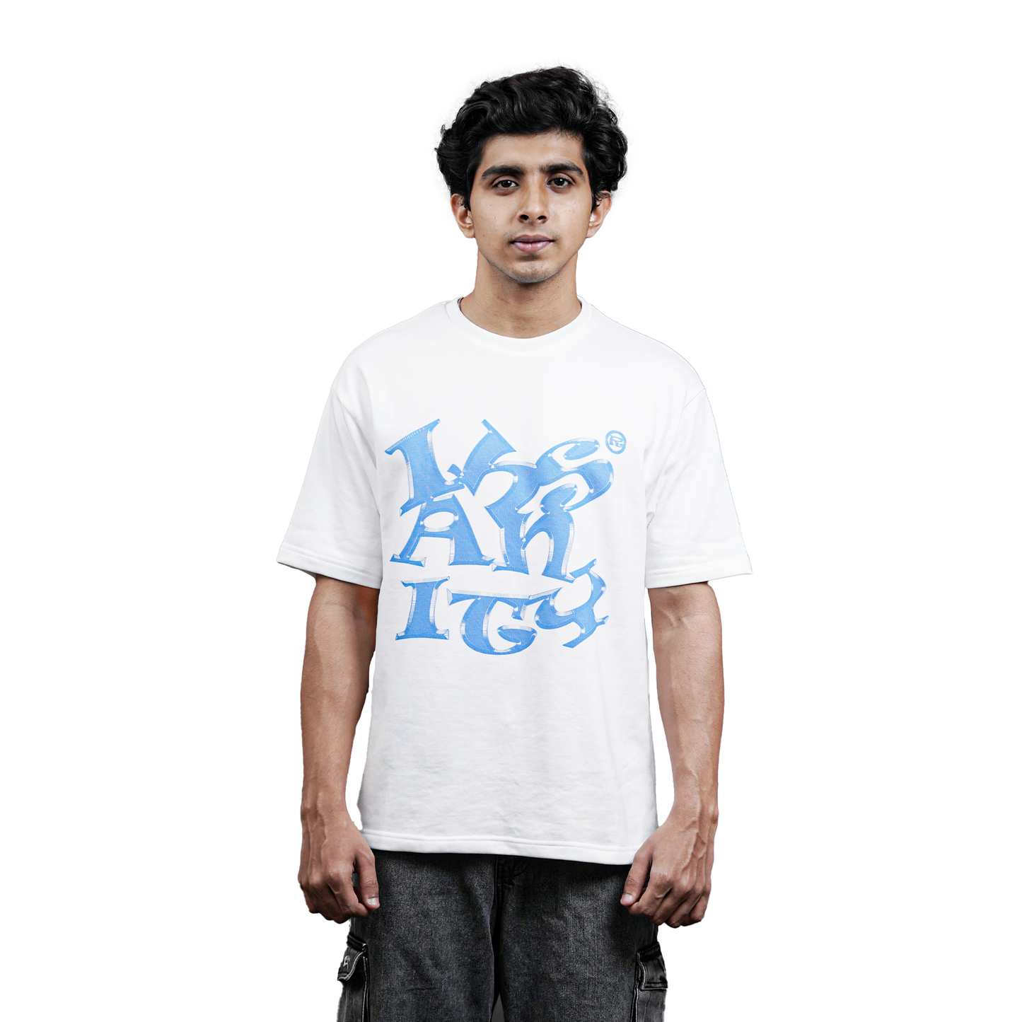 model with black hair facing front wearing white tshirt with print design "Insanity" in blue color in plane white background
