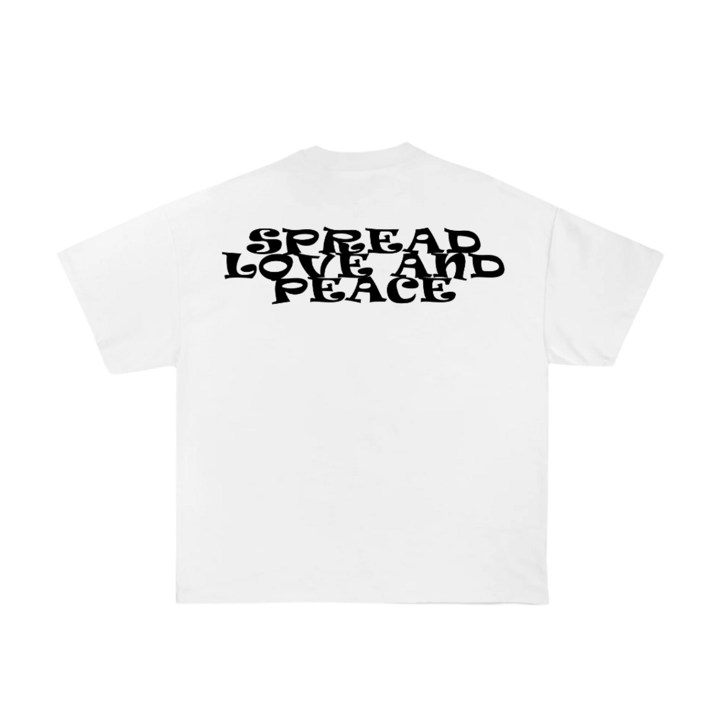 white tshirt with back print in black "spread love bad peace"