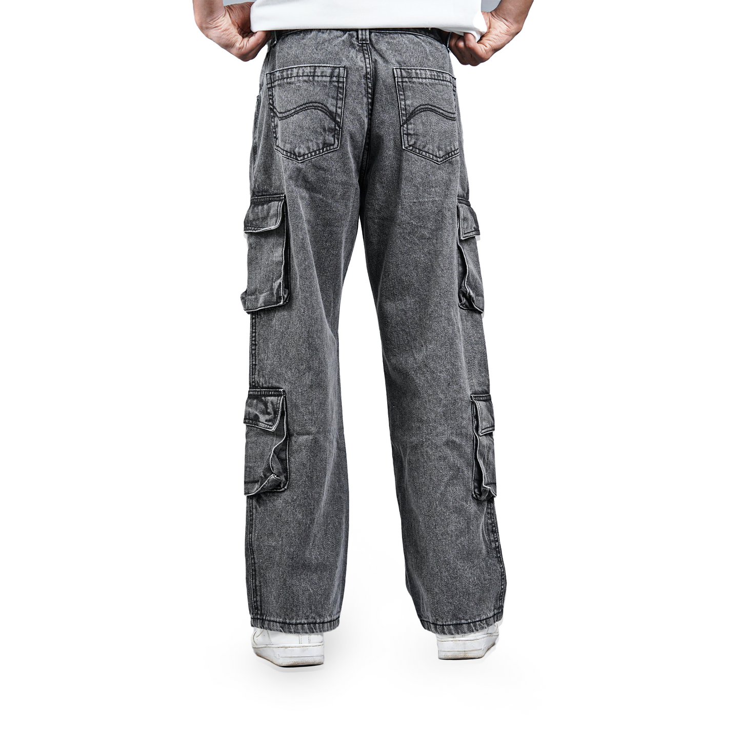 Model wearing grey denim cargo with facing back to the camera with all white background with white tshirt and white shoes ,4 pockets and two back pockets
