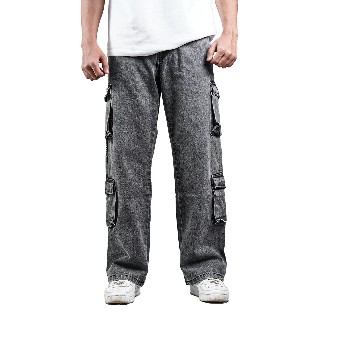 Model wearing grey denim cargo with facing front to the camera with all white background with white tshirt and white shoes