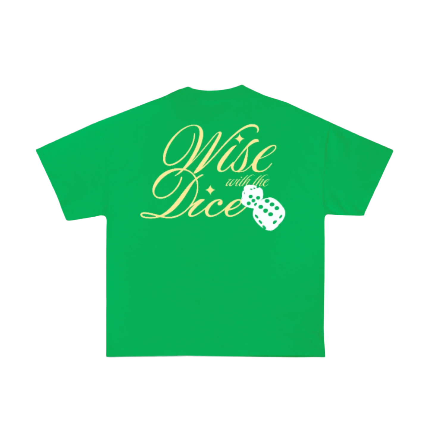 Green tshirt with white background with design on back with wise with the dice and puff printed dice