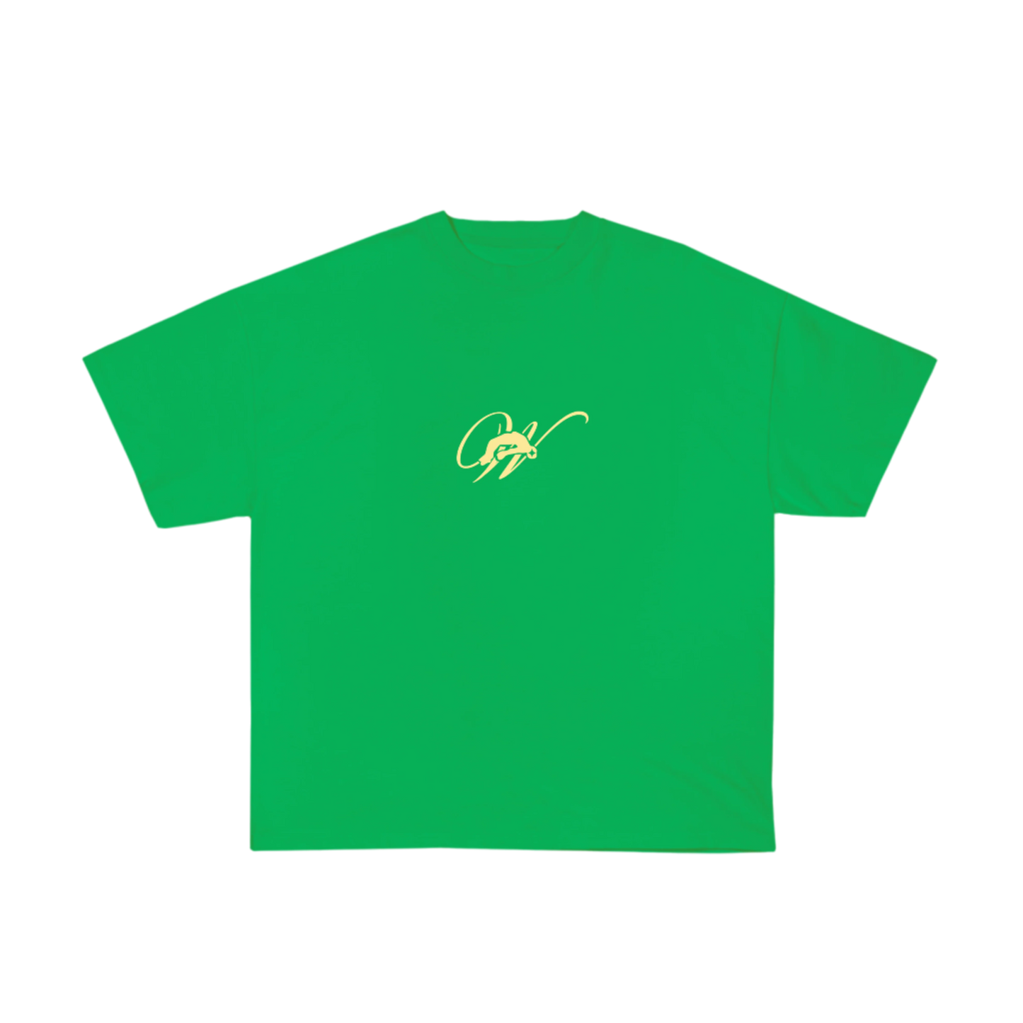 Green tshirt with white background with design on front with w and screen printed w