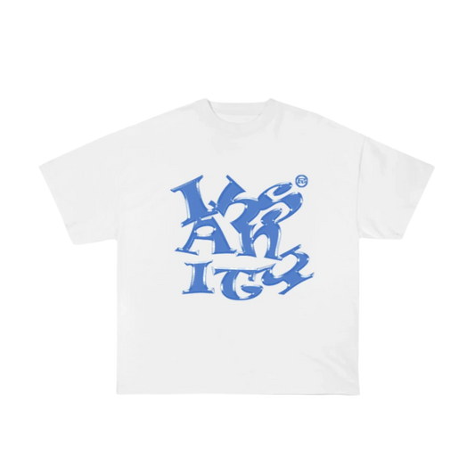 white tshirt with blue artistic text design "insanity" with some metallic effect