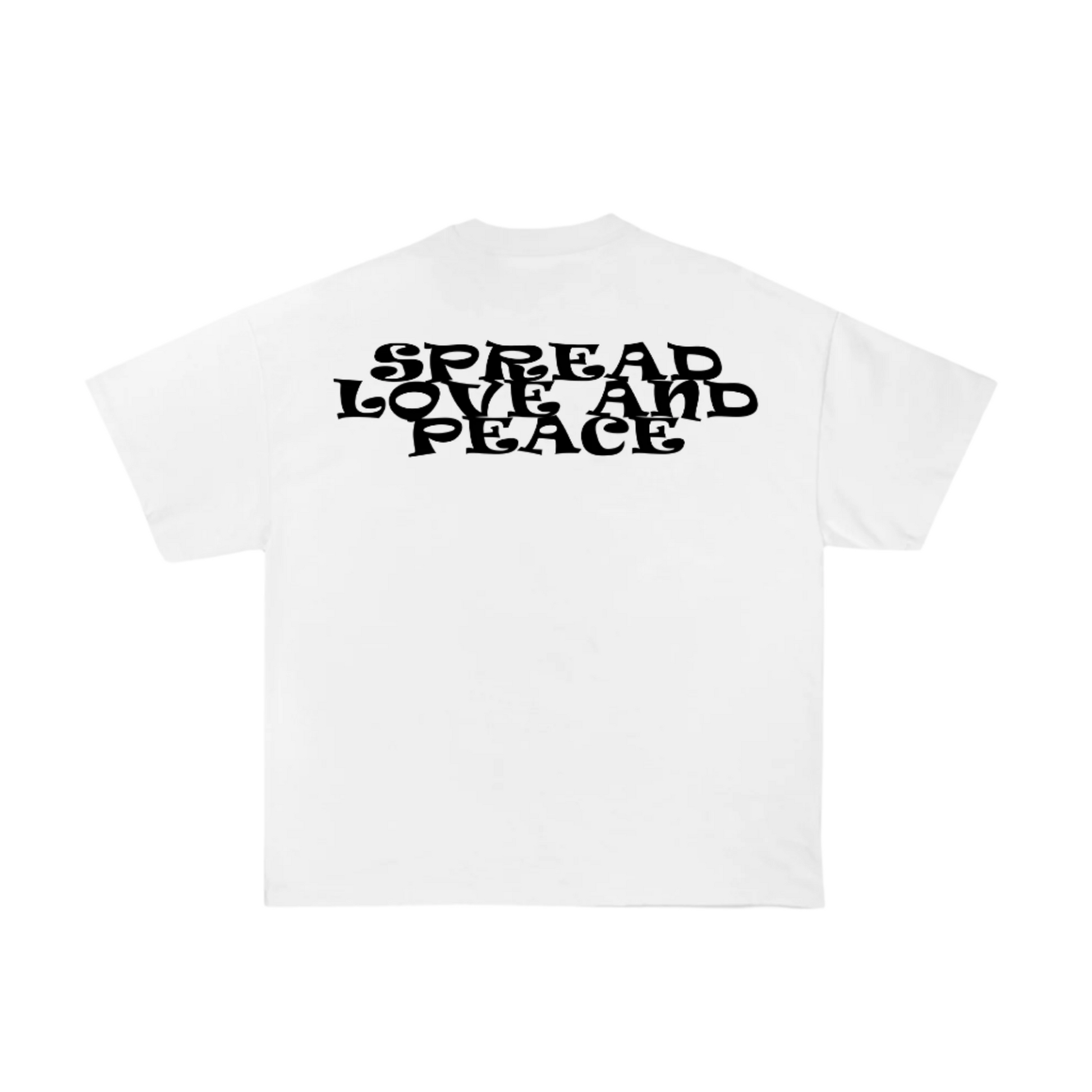 white tshirt with back print in black "spread love bad peace" 