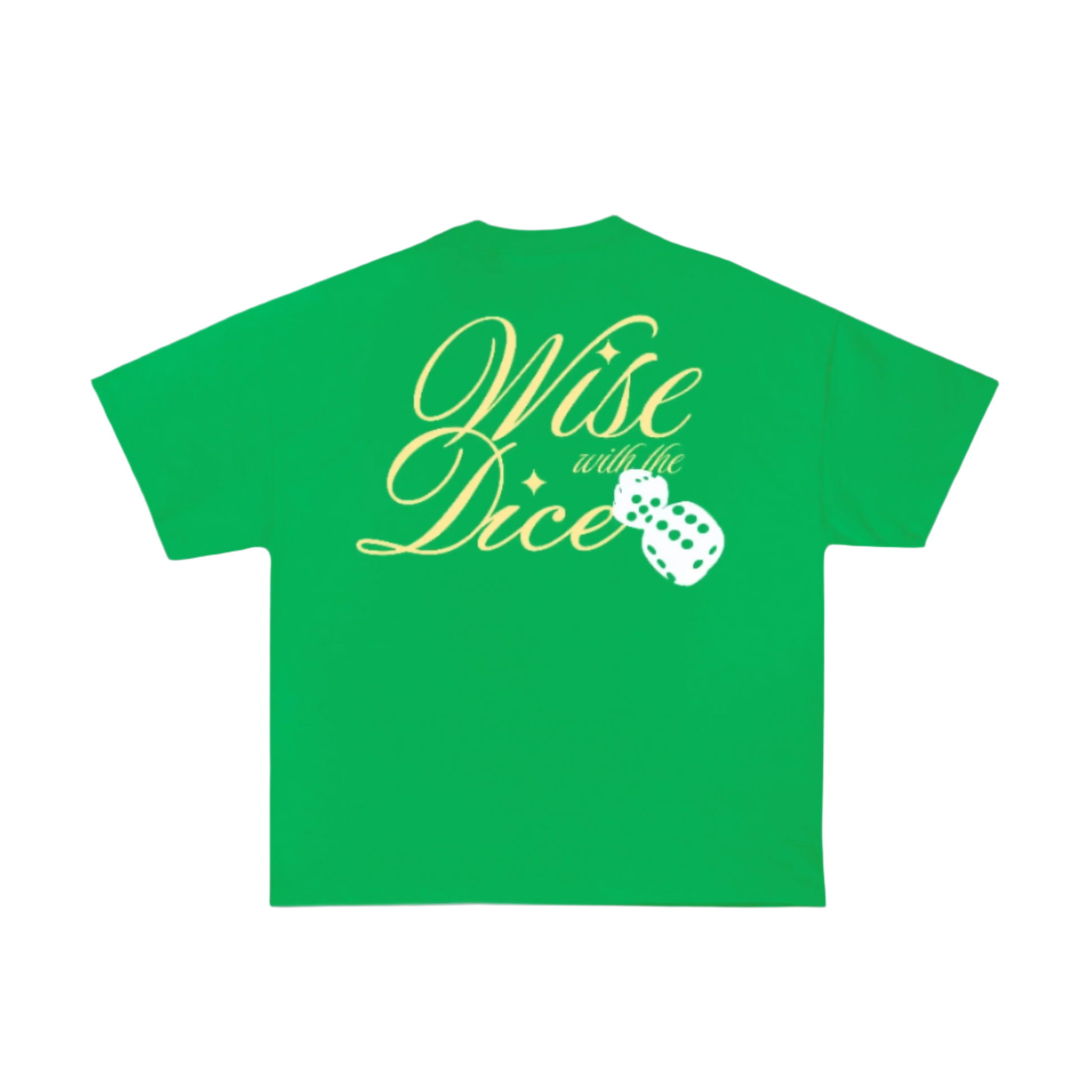 Green tshirt with white background with design on back with wise with the dice and puff printed dice