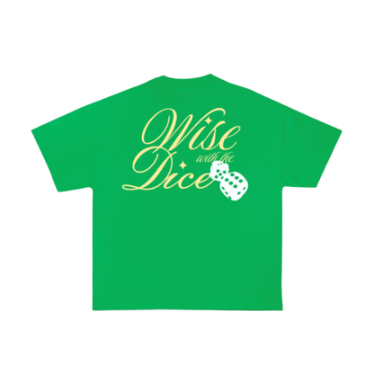 Green tshirt with white background with design on back with wise with the dice and puff printed dice
