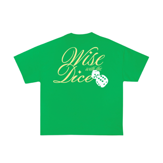 Green tshirt with white background with design on back with wise with the dice and puff printed dice