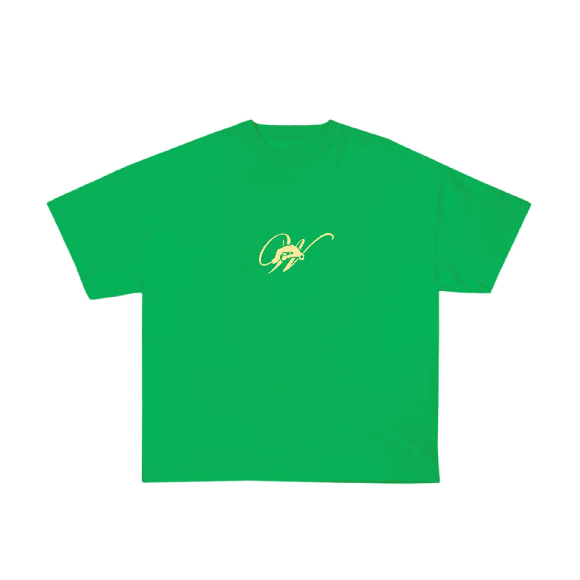 Green tshirt with white background with design on front with w and screen  printed  w