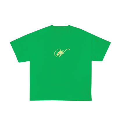 Green tshirt with white background with design on front with w and screen  printed  w